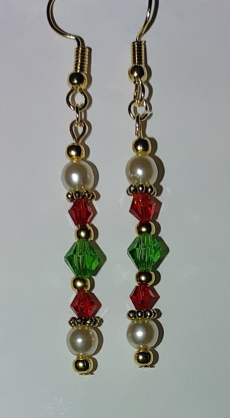 Sparkly Holiday Glass Pearl & Bicone Gold Plated Fishhook Earrings #C54